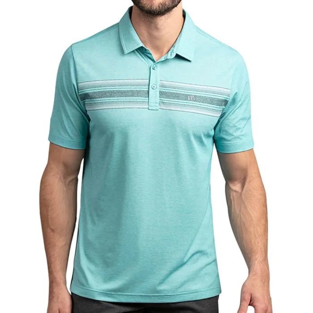 TravisMathew Framingham Pima Cotton Blend Striped Polo Shirt Teal Green‎ Large